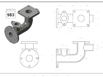 a blueprint of an item, showing front, top, right, and isometric views